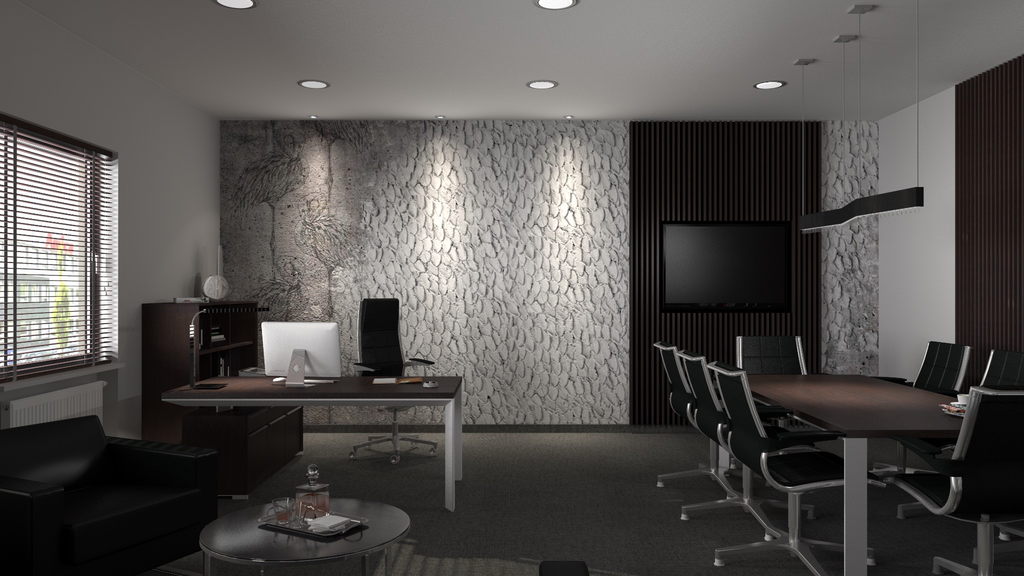 Wizualizacja nowoczesnego biura z betonową ścianą z motywem roślinnym, długim stołem konferencyjnym i designerskim oświetleniem.