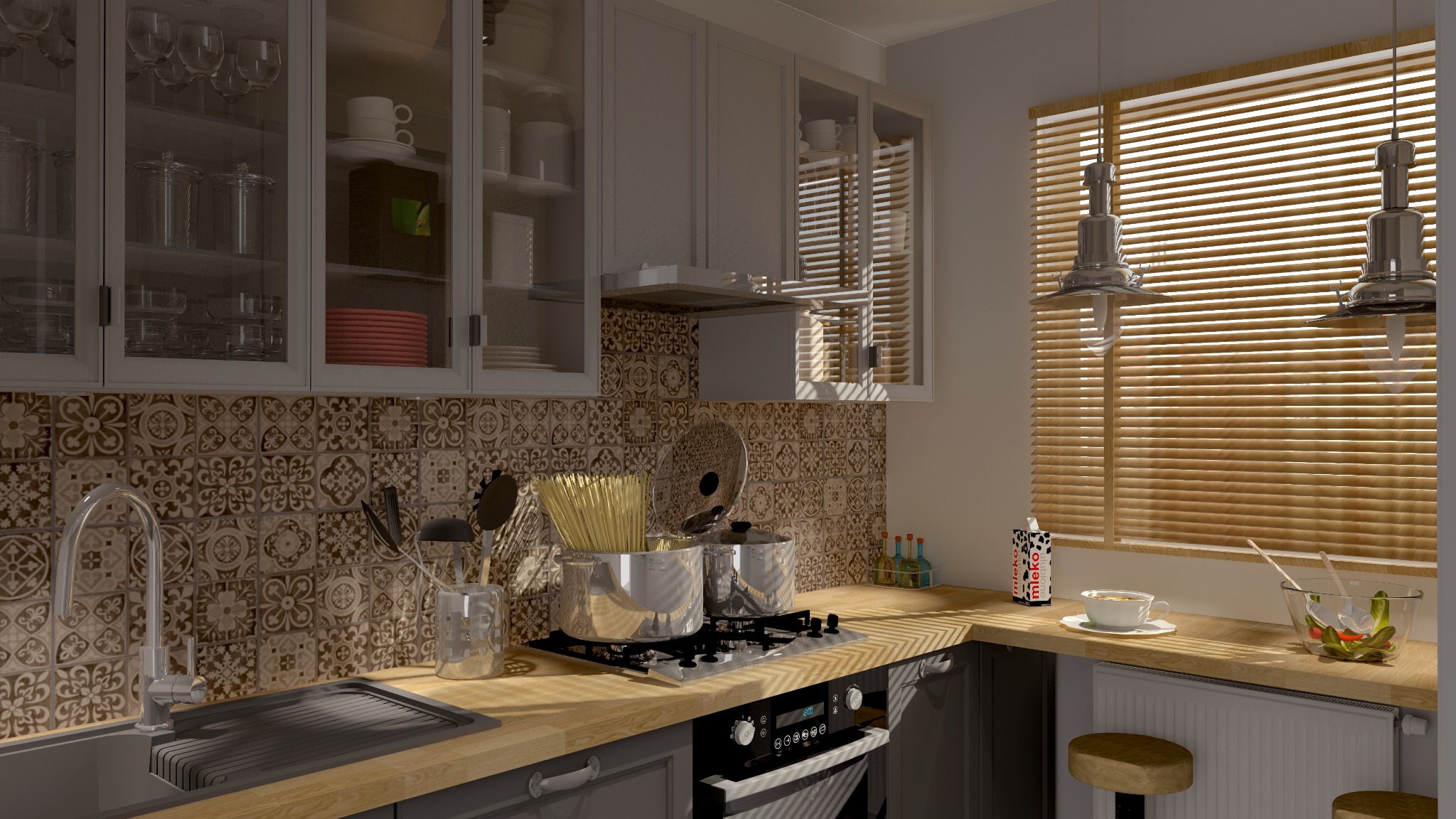 Nowoczesna kuchnia w szarościach i drewnie z dekoracyjnymi płytkami na ścianie, wyposażona w drewniane żaluzje, z dwoma metalowymi garnkami na płycie grzewczej, w jednym z nich gotujący się makaron...