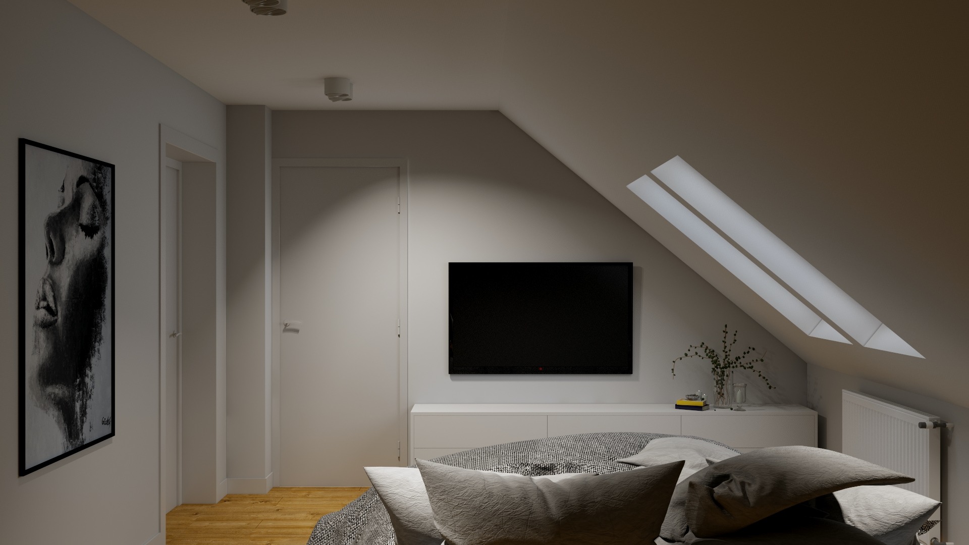 Sypialnia na poddaszu z oknami dachowymi, minimalistyczny wystrój, czarno-biały portret na ścianie, telewizor na komodzie, szara pościel.