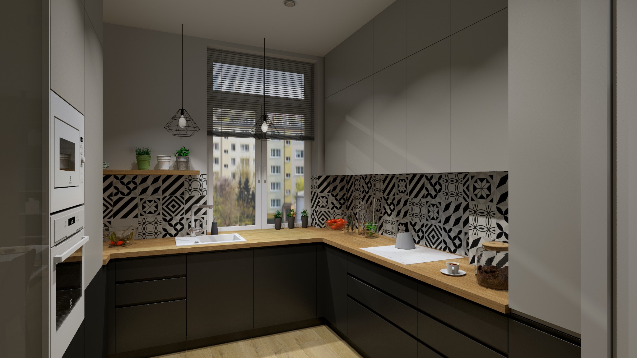 Nowoczesna kuchnia z czarnymi szafkami, drewnianym blatem i wzorzystymi płytkami backsplash, oświetlona wiszącą lampą z geometrycznym kloszem.