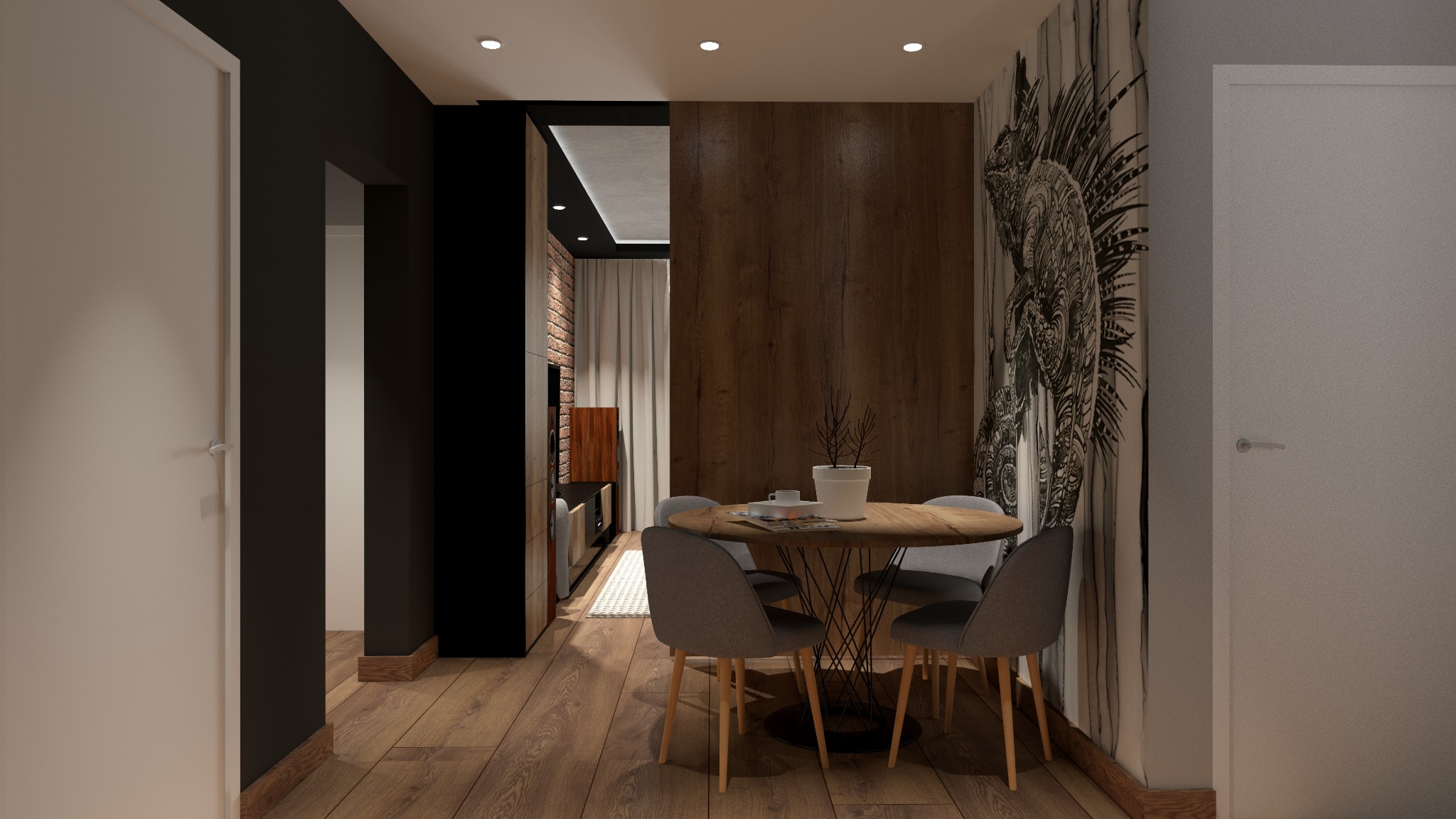 Wizualizacja jadalni z okrągłym drewnianym stołem, szarymi krzesłami, dekoracyjną tapetą z motywem zwierzęcym i widokiem na salon z ceglaną ścianą.