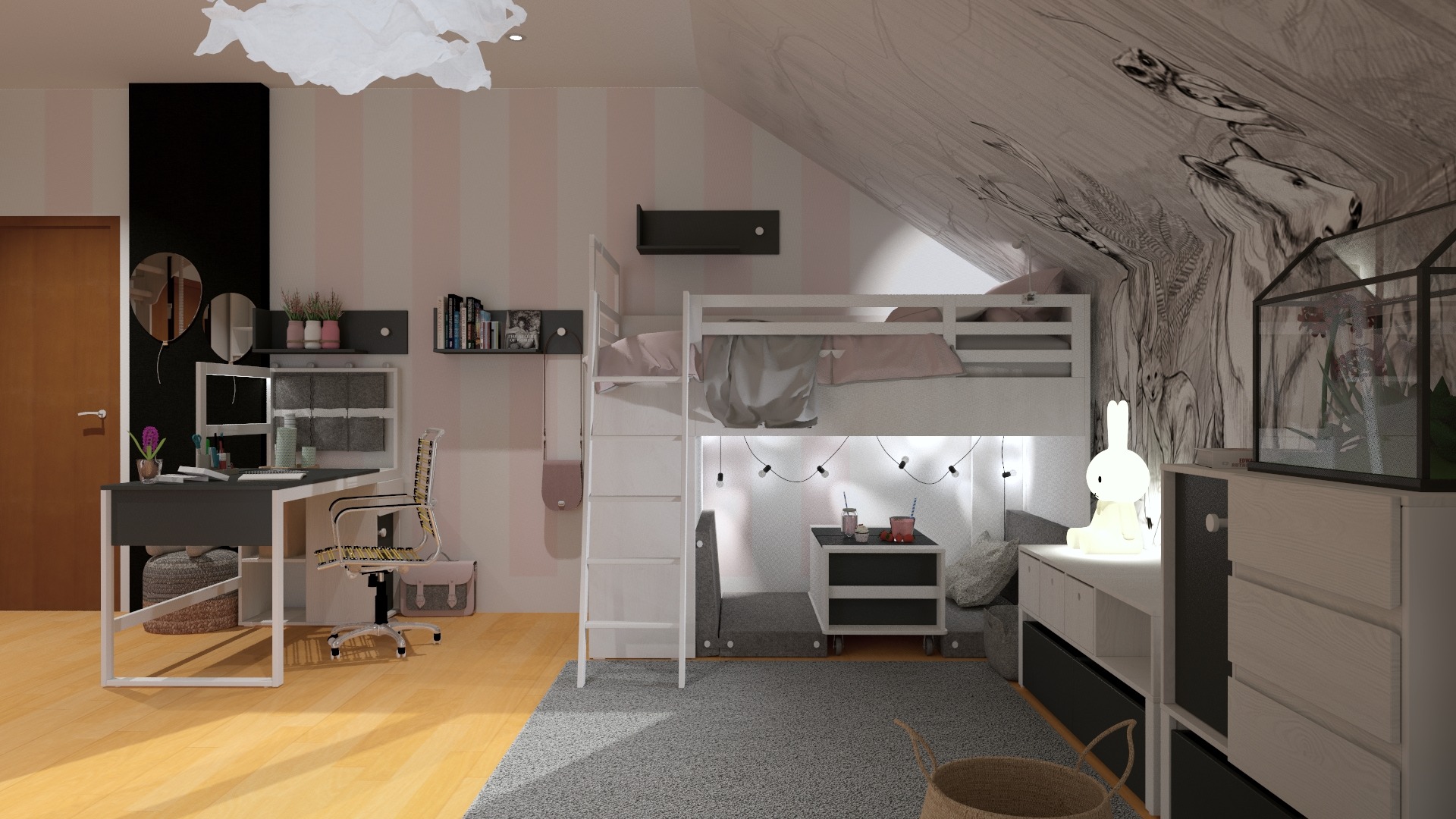 Pokój dziecięcy z łóżkiem piętrowym, biurkiem, szafkami i tapetą z motywem leśnym, oświetlony lampkami i lampką nocną w kształcie królika.