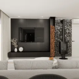 Nowoczesny salon z czarną ścianą telewizyjną, kominkiem z drewnem, szarą sofą i białymi zasłonami.