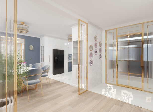 Nowoczesne wnętrze: jadalnia z niebieskimi krzesłami, dekoracyjnymi szklanymi ściankami z złotymi ramami i widokiem na kuchnię z czarną lodówką.