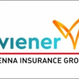 Logo firmy Wiener Vienna Insurance Group na białym tle, z charakterystycznym symbolem w kształcie litery V w kolorze pomarańczowym i nazwą firmy w kolorze turkusowym, podkreśloną czerwoną linią.