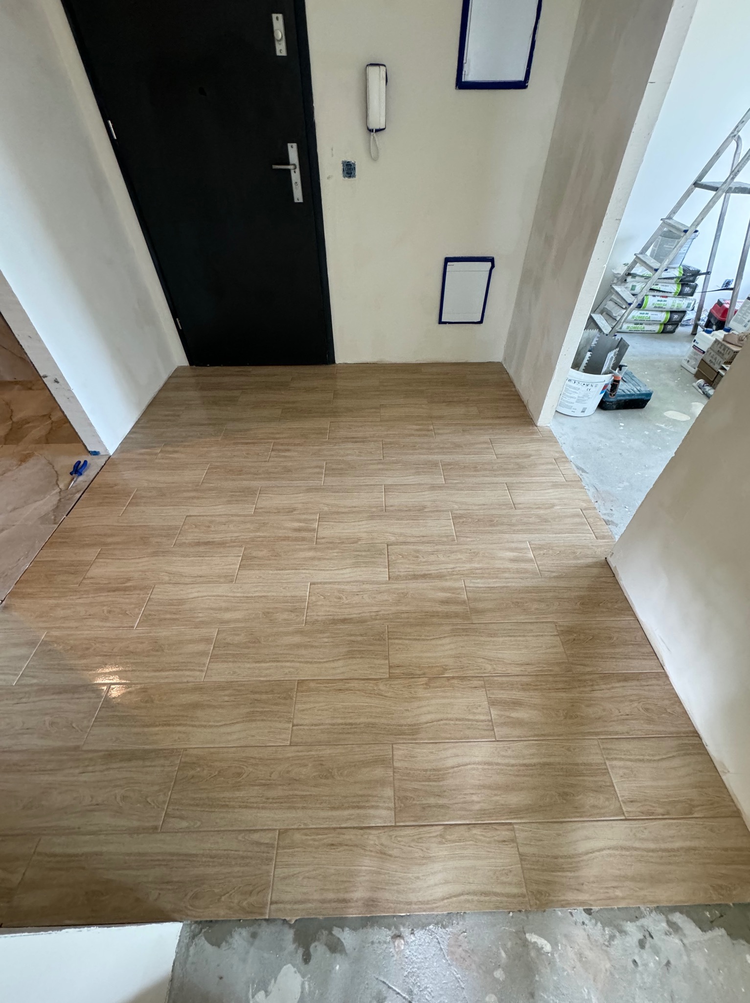 Ułożona podłoga z płytek imitujących drewno w przedpokoju, widoczna czarna futryna drzwi wejściowych, ściany przygotowane do malowania z widocznymi ramkami, w tle drabina i materiały budowlane.