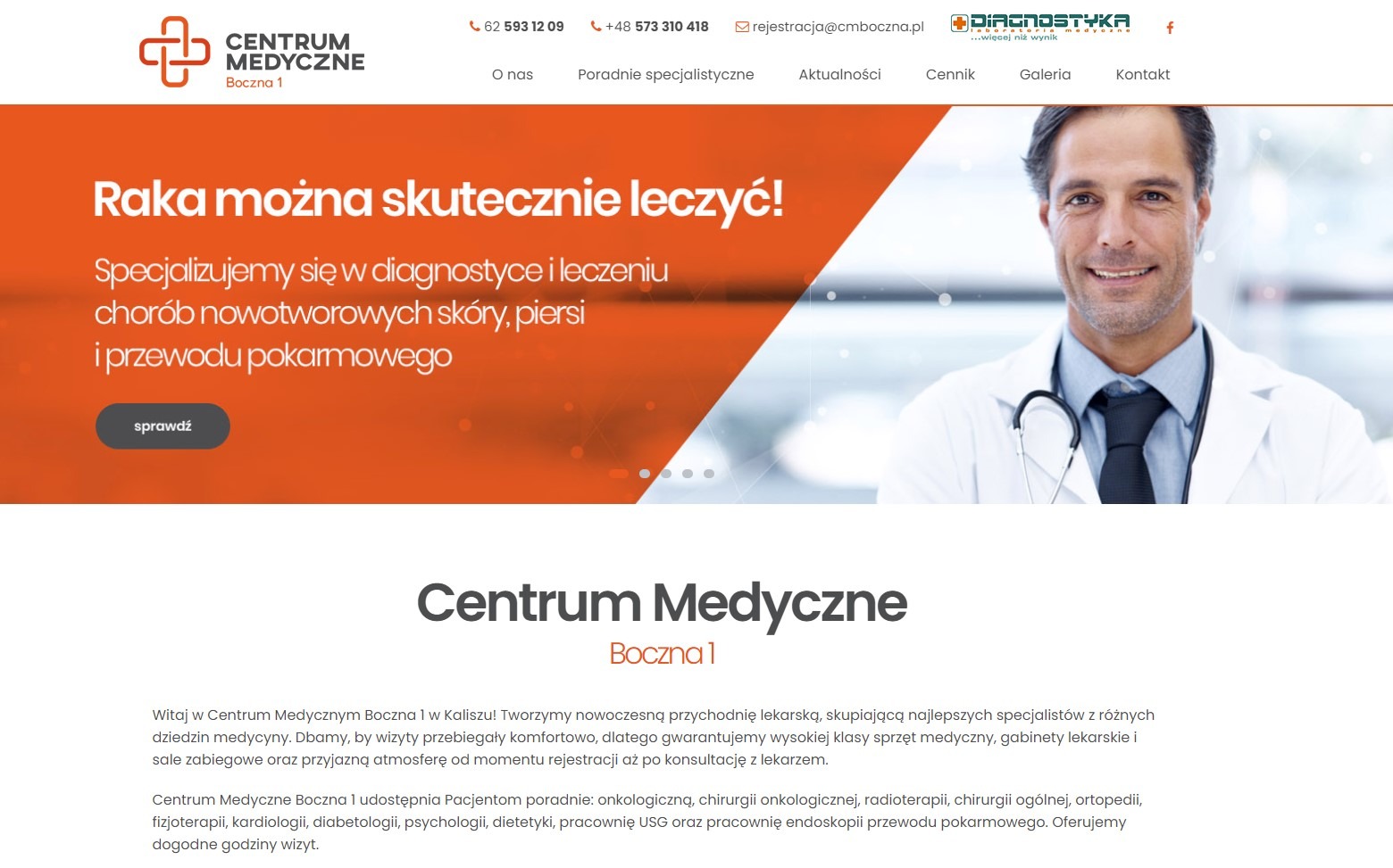 Strona internetowa centrum medycznego z hasłem 'Raka można skutecznie leczyć!' i uśmiechniętym lekarzem w tle.