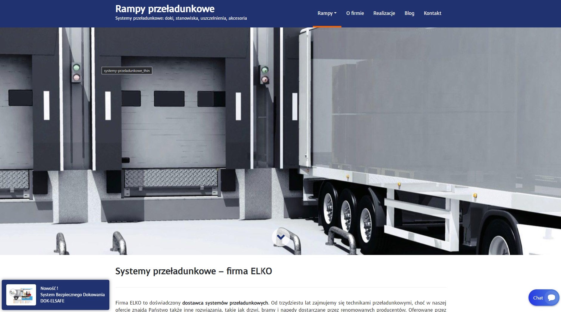 Rampa przeładunkowa z zaparkowaną ciężarówką, widok na dok z sygnalizacją świetlną, prezentacja systemów przeładunkowych firmy ELKO.