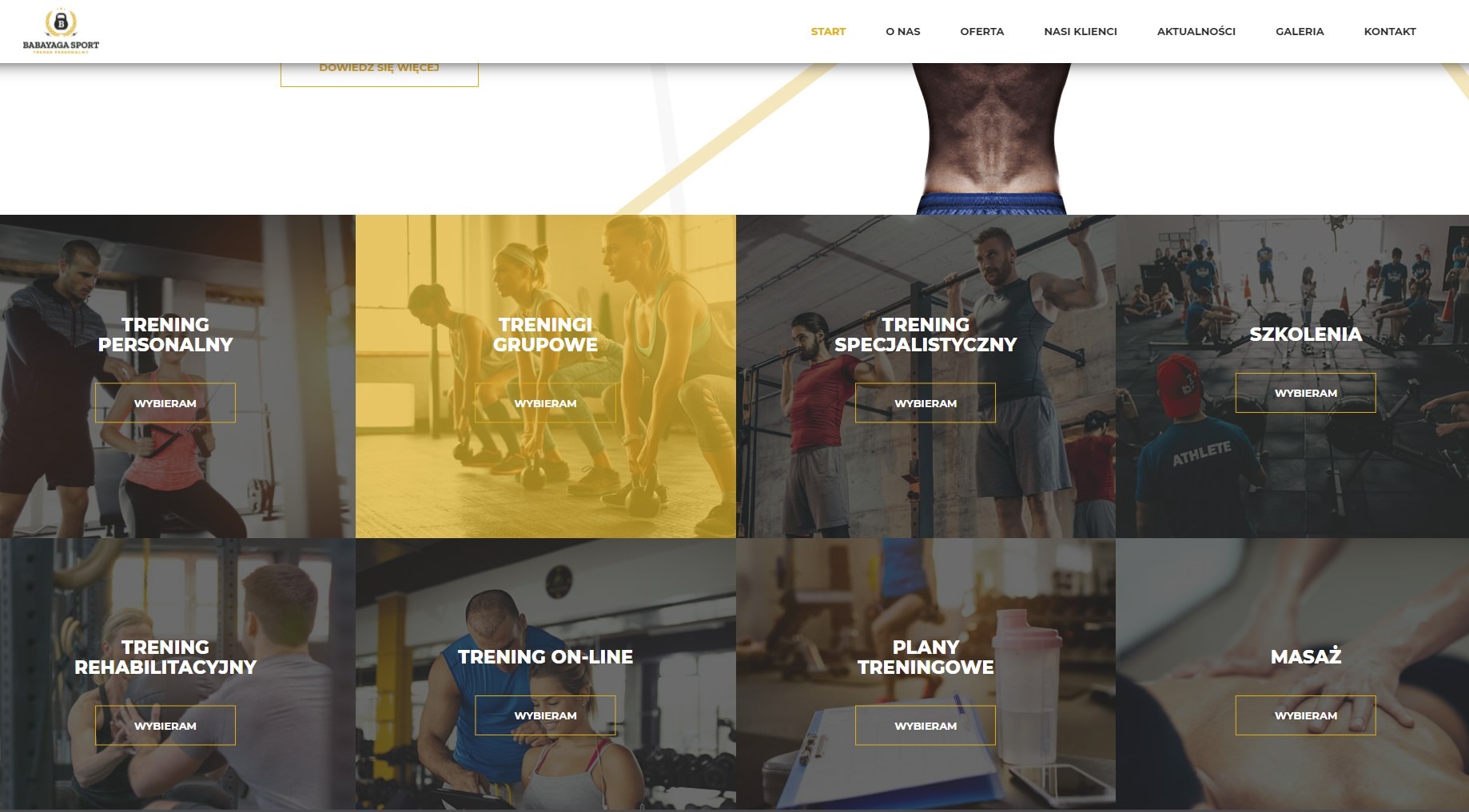 Strona internetowa z ofertą treningów personalnych, grupowych, specjalistycznych, rehabilitacyjnych, online, planów treningowych i masażu, z przyciskami 'Wybieram' pod każdym rodzajem treningu.