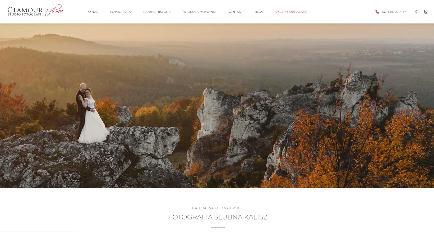 Nagłówek strony internetowej fotografa ślubnego z parą młodą na tle malowniczego krajobrazu z formacjami skalnymi i jesiennymi drzewami, w ciepłych barwach zachodzącego słońca.