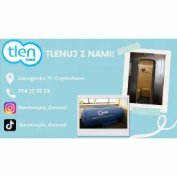 Grafika reklamowa Tlen Med prezentująca adres, numer telefonu i nazwy profili na Instagramie i TikToku, obok zdjęcia komory hiperbarycznej Vida ES900 i wnętrza komory tlenowej.