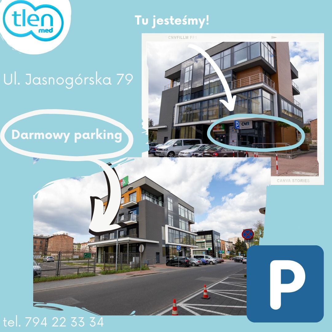 Budynek placówki medycznej Tlen Med w Częstochowie z widocznym parkingiem dla klientów, adres Ul. Jasnogórska 79.