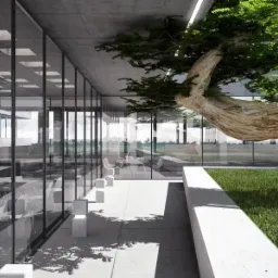 Nowoczesny budynek biurowy z betonowym sufitem, szklaną fasadą i dużym bonsai na zewnątrz, widok z zewnątrz na przestrzeń biurową.