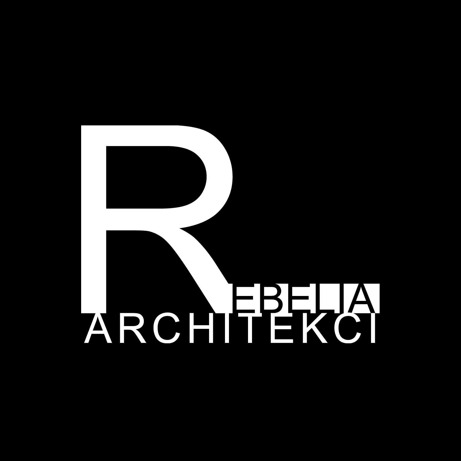 Białe logo firmy architektonicznej 'Rebelia Architekci' na czarnym tle, z dużą literą 'R'.
