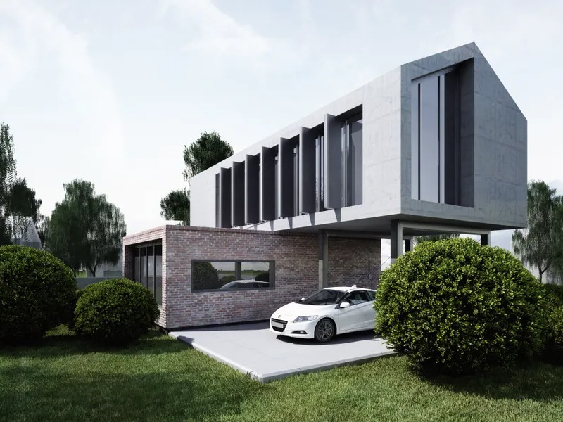 Nowoczesny dom z betonu i cegły z białym samochodem na podjeździe, otoczony zielenią.