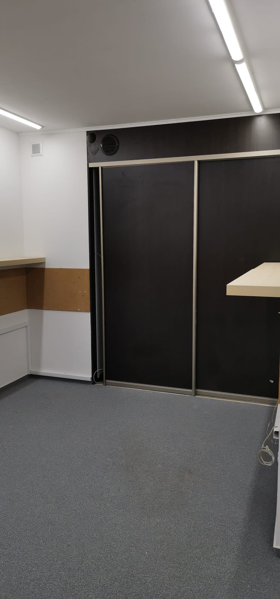 Wnętrze pomieszczenia z szarym dywanem, białymi ścianami i zabudową z przesuwnymi, ciemnymi drzwiami.