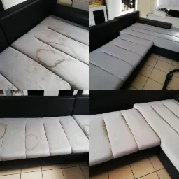 Kolaż przedstawiający narożnik z czarną ramą i jasnymi poduchami siedzisk przed i po czyszczeniu. Widoczne plamy na poduchach po lewej stronie i czyste, jasne poduchy po prawej.