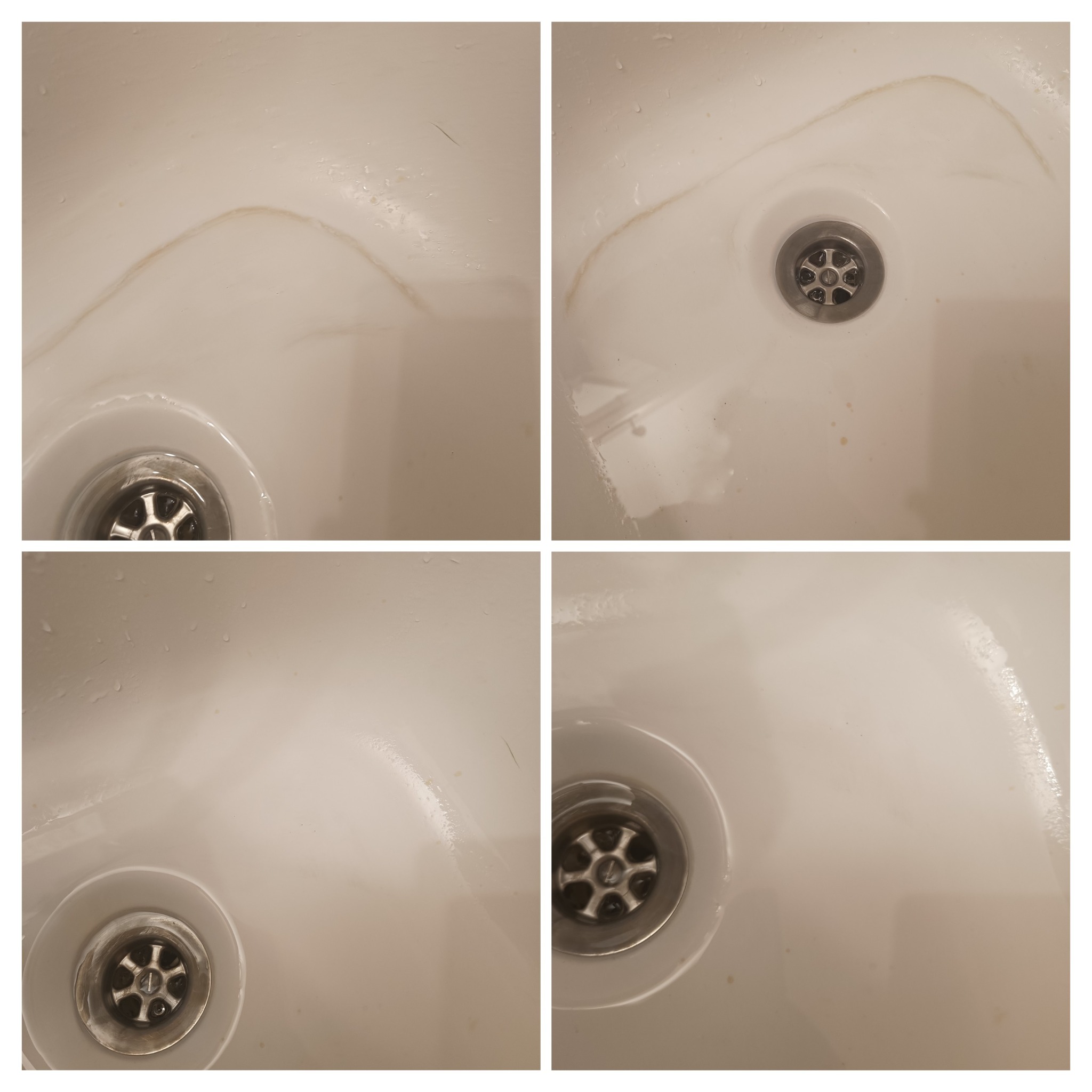 Kafelkowy kolaż umywalki z widocznymi zabrudzeniami i osadami przed czyszczeniem. Ujęcie z góry, skupione na detalu.