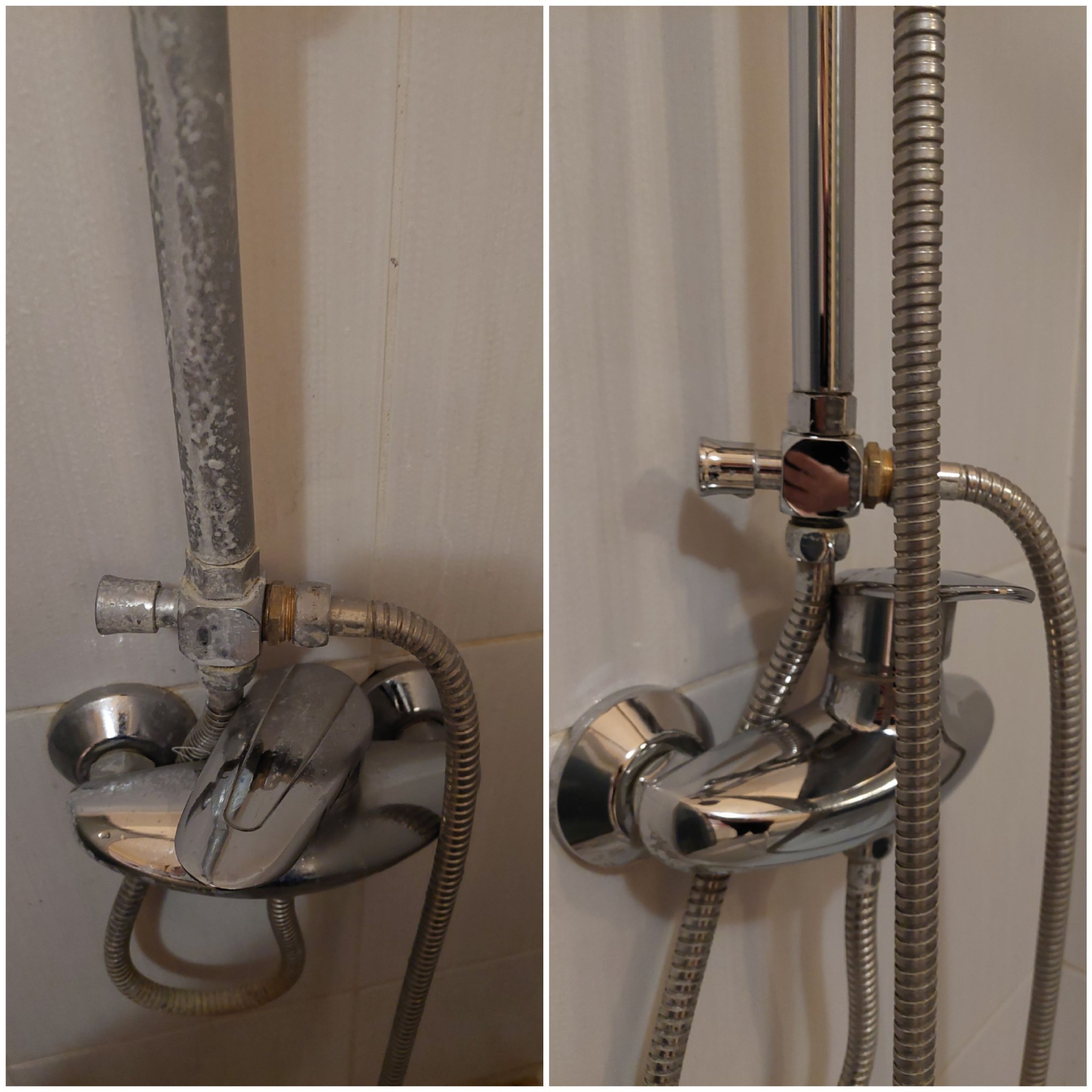 Porównanie baterii prysznicowej przed i po usunięciu kamienia i osadów, widoczne efekty czyszczenia na chromowanej powierzchni.