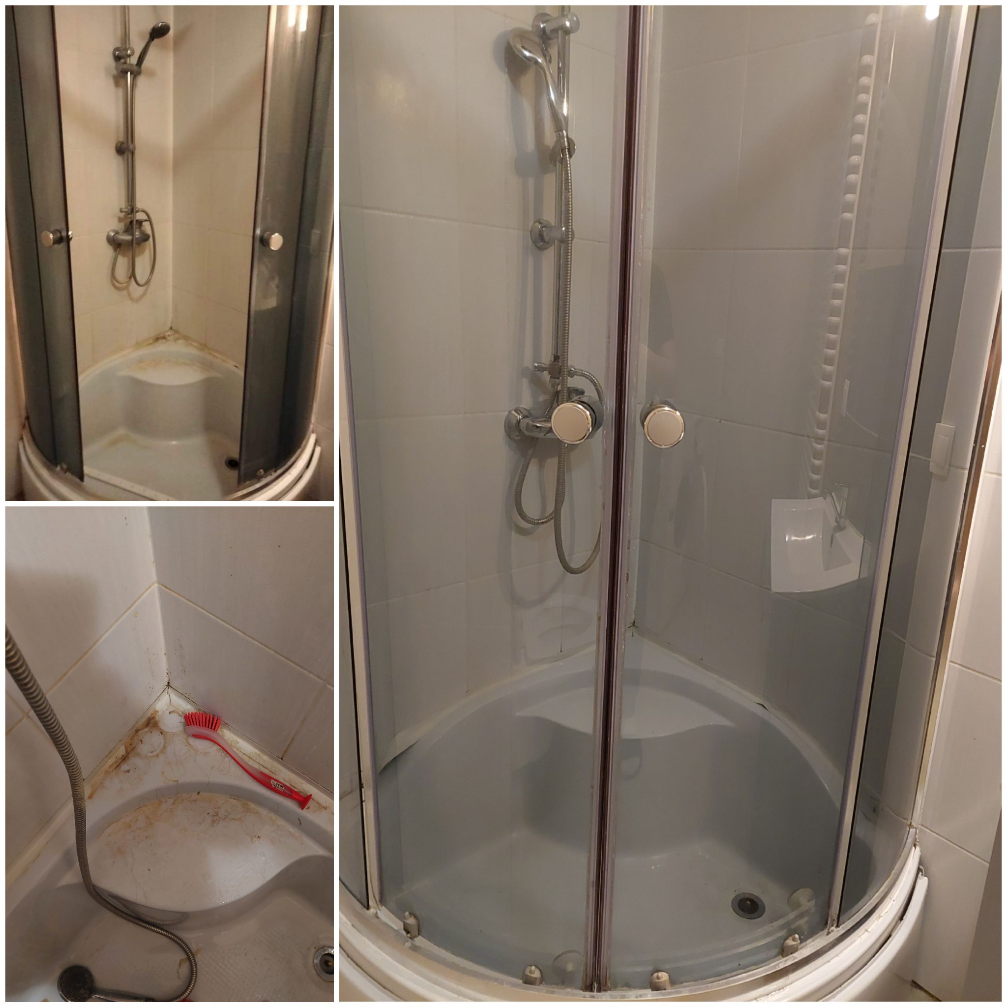 Brudna kabina prysznicowa przed czyszczeniem, widoczne osady i zabrudzenia na brodziku, płytkach i w narożnikach, czerwona szczotka w brodziku, zdjęcia w kolażu.