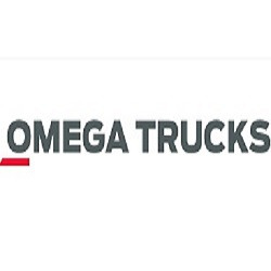 Szare logo Omega Trucks z czerwoną poziomą kreską po lewej stronie, na białym tle.