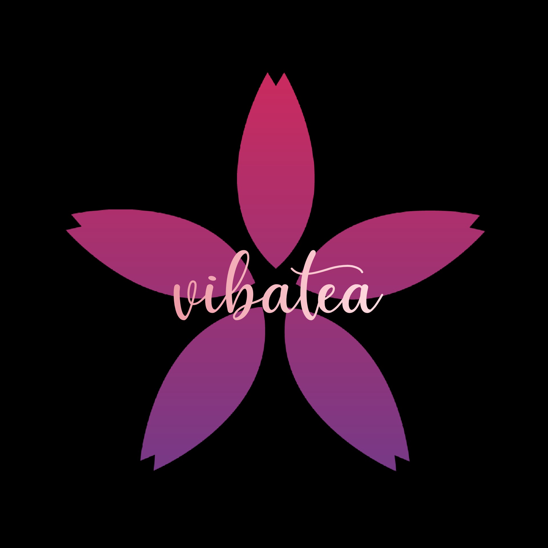 Logo Vibatea w kształcie kwiatu o pięciu płatkach z gradientem od różu do fioletu na czarnym tle.