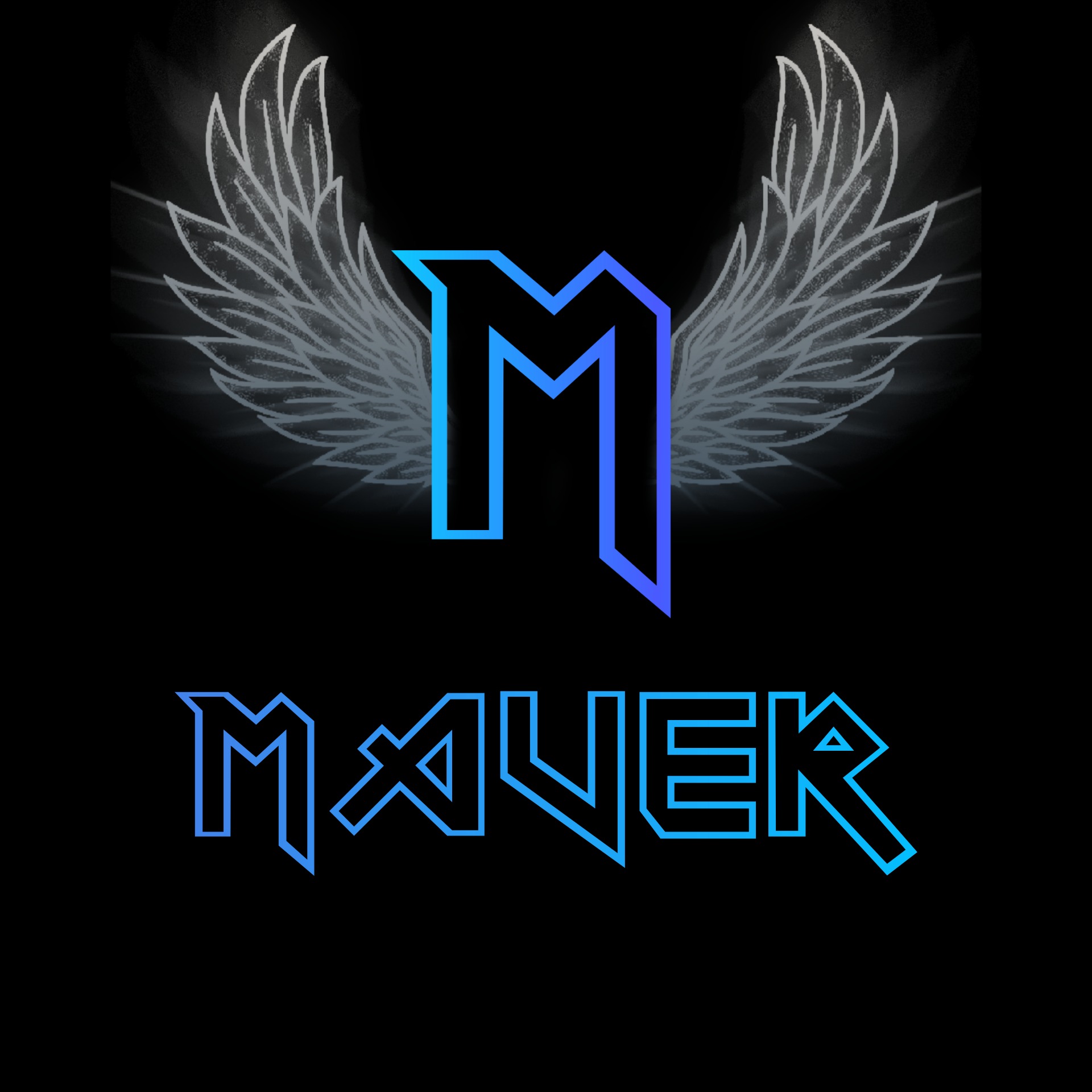 Ilustracja logo z literą M w odcieniach niebieskiego, stylizowanymi skrzydłami i nazwą 'MAVER' w futurystycznym kroju na czarnym tle.