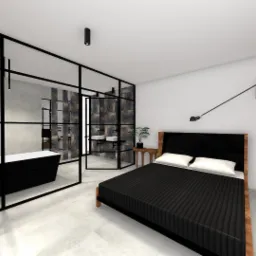 Wizualizacja sypialni z łazienką oddzieloną szklaną ścianką w czarnej ramie; widoczna czarna wanna, podwójna umywalka, łóżko z czarną narzutą i drewnianym wezgłowiem, oraz lampa ścienna w stylu...