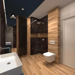 Wizualizacja nowoczesnej łazienki z czarnymi marmurowymi ścianami, drewnianymi panelami, podwieszaną toaletą i umywalką nablatową z designerską armaturą.