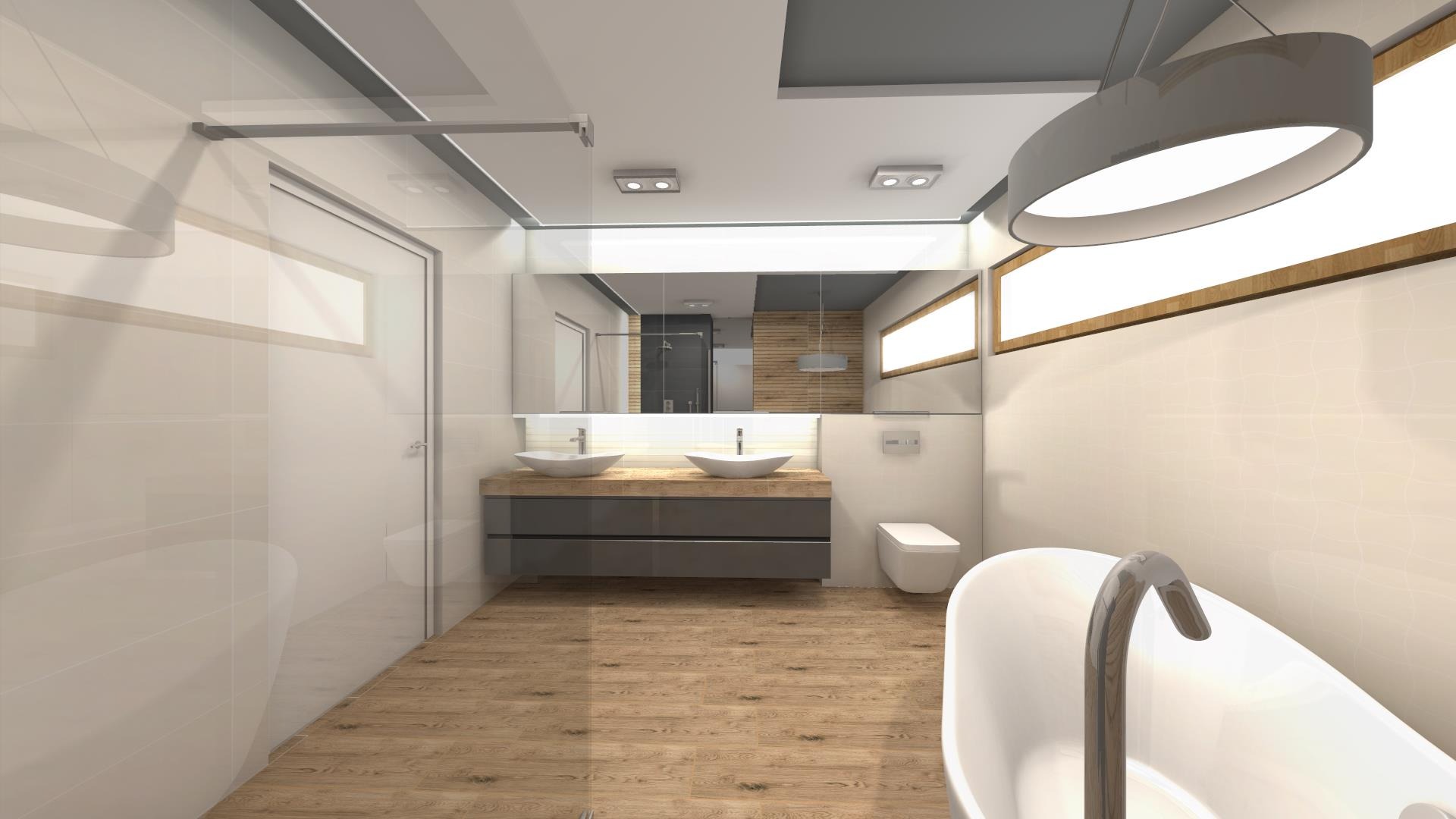 Wizualizacja nowoczesnej łazienki z drewnianą podłogą, podwójną umywalką na szarej szafce, owalną wanną i okrągłą lampą sufitową. W lustrze odbija się kabina prysznicowa.