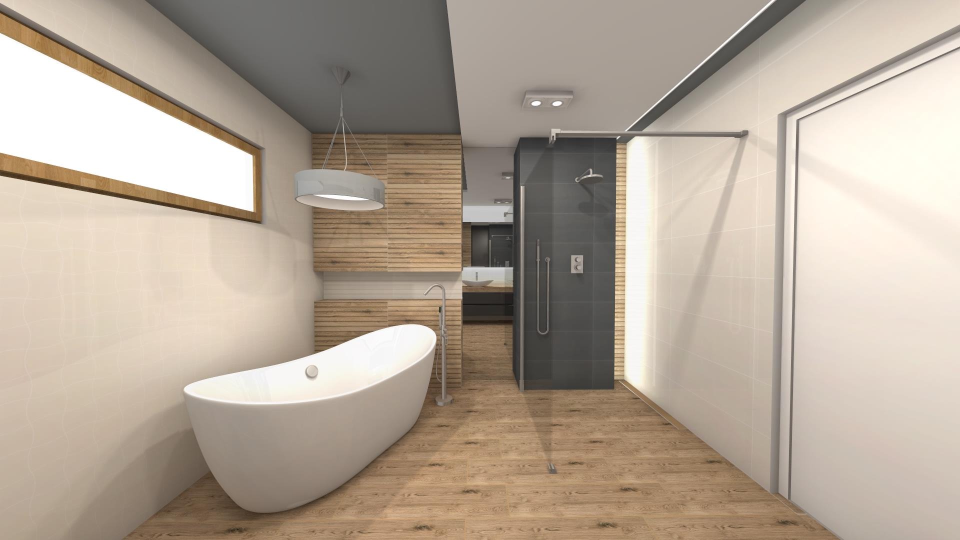 Wizualizacja nowoczesnej łazienki z wolnostojącą białą wanną, kabiną prysznicową z ciemnoszarymi płytkami i drewnopodobną podłogą, oświetloną wiszącą lampą i podłużnym oknem.