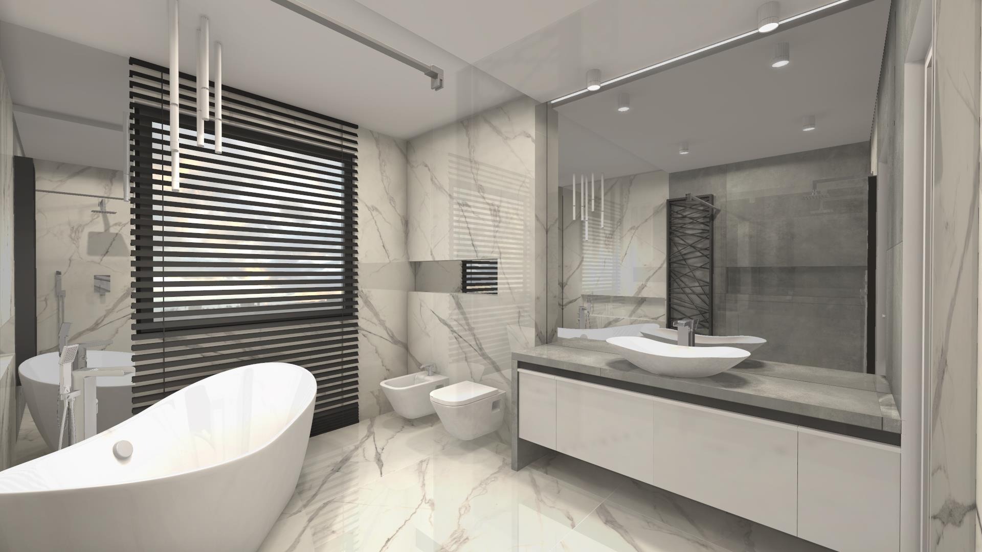 Wizualizacja nowoczesnej łazienki z wolnostojącą wanną, umywalką nablatową, bidetem i toaletą, wykończonej marmurowymi płytkami z szarymi żyłami.