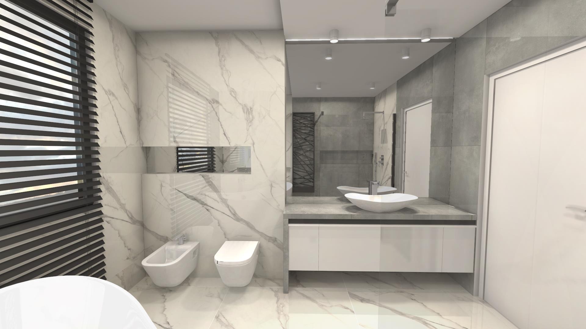 Wizualizacja nowoczesnej łazienki z marmurowymi płytkami, białymi meblami łazienkowymi, owalną umywalką nablatową i dużym lustrem, z widocznym fragmentem rolet okiennych.