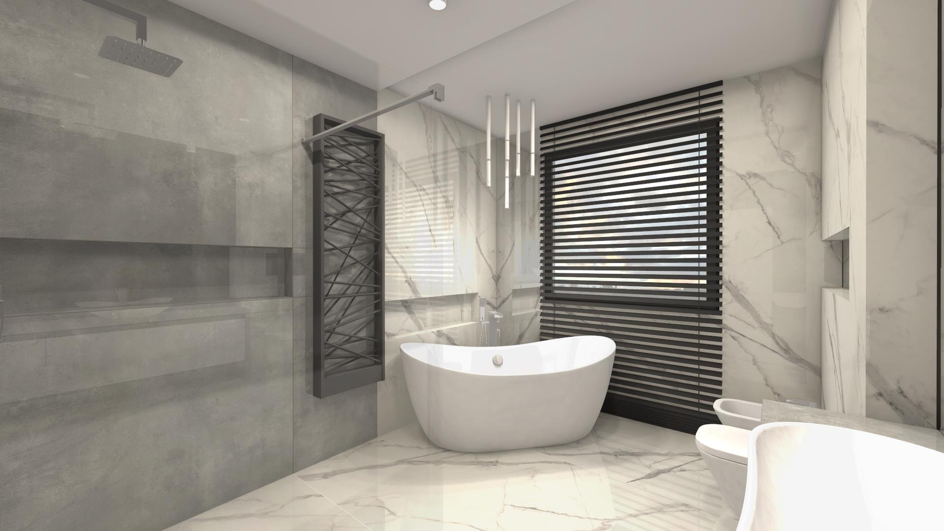 Wizualizacja nowoczesnej łazienki z wolnostojącą białą wanną, grzejnikiem drabinkowym w kolorze grafitowym, marmurowymi płytkami na ścianach i podłodze, żaluzjami poziomymi w oknie...