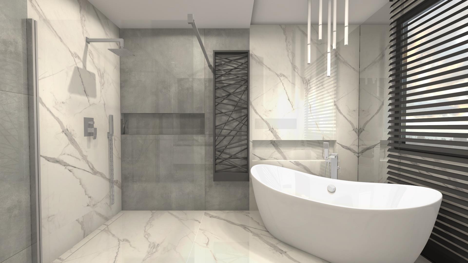 Wizualizacja nowoczesnej łazienki z wolnostojącą białą wanną, marmurowymi płytkami na ścianach i podłodze, szarą strefą prysznicową z deszczownicą oraz dekoracyjnym, ażurowym panelem ściennym obok...