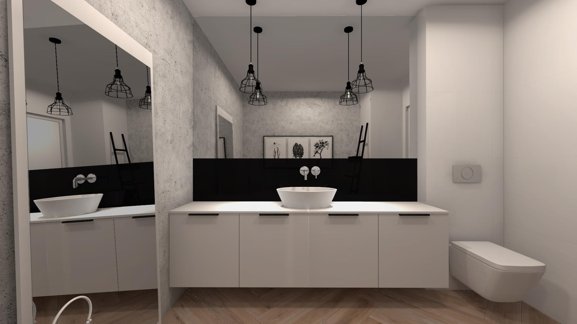 Wizualizacja nowoczesnej łazienki we Wrocławiu z umywalką nablatową, szafką pod umywalką z białymi frontami, wiszącą toaletą i trzema lampami wiszącymi z czarnymi kloszami.