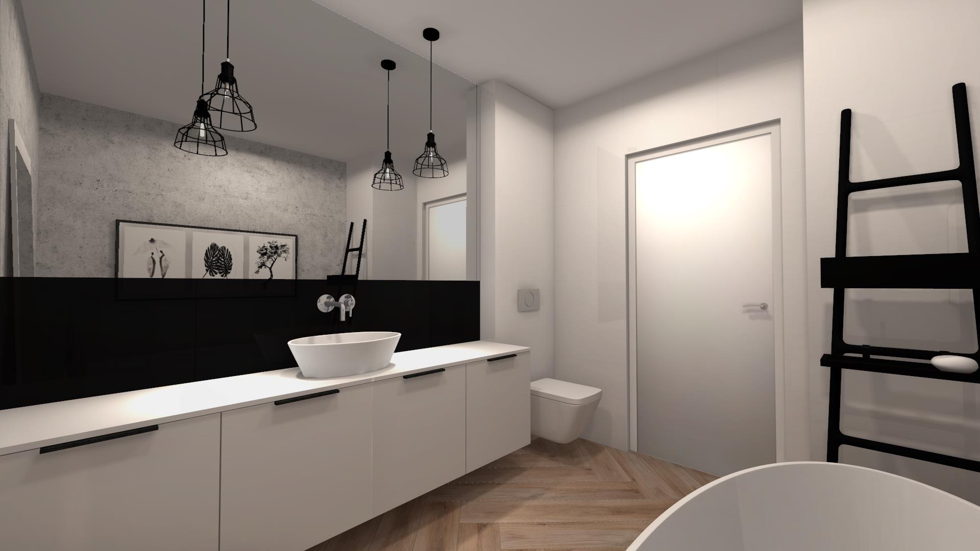 Wizualizacja nowoczesnej łazienki z białą szafką pod umywalką, okrągłą umywalką nablatową, czarnym panelem ściennym, drewnianą podłogą w jodełkę i czarnym grzejnikiem drabinkowym, oświetlona...