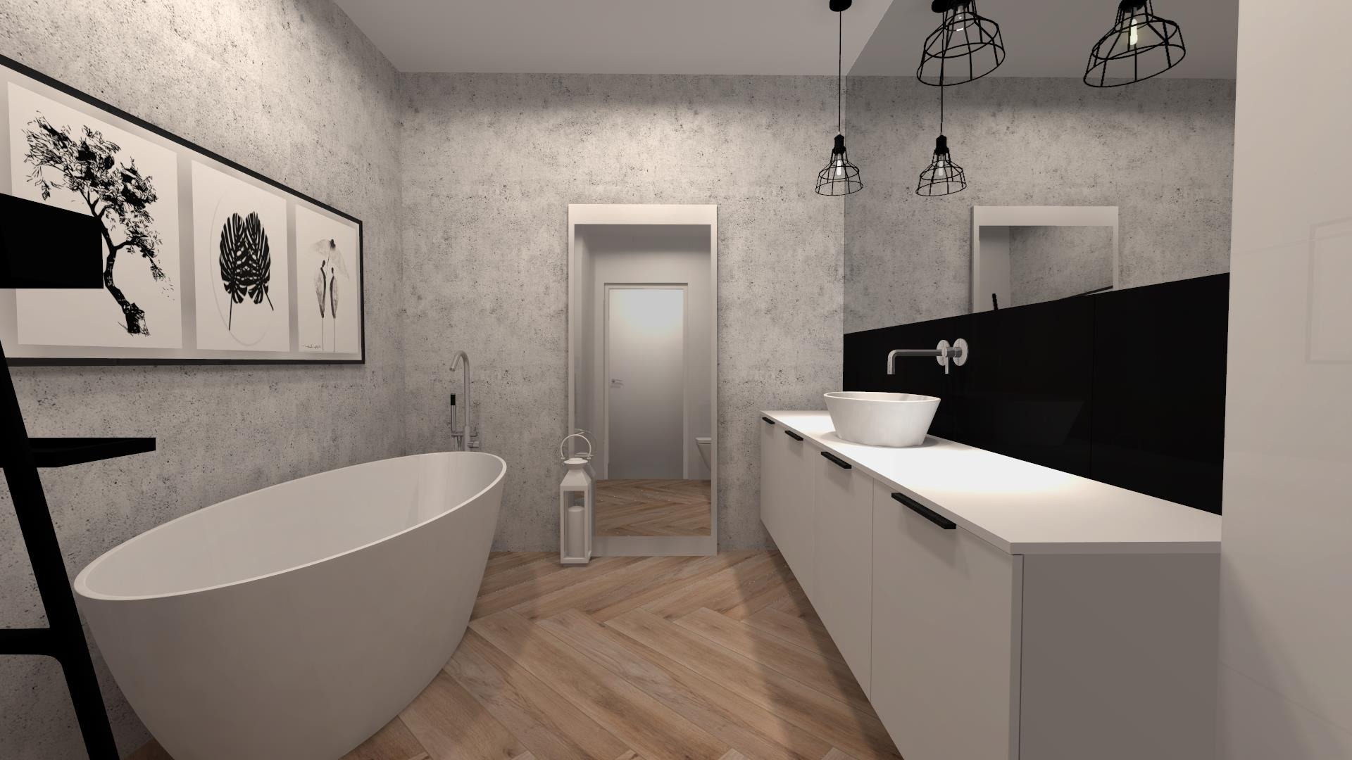 Wizualizacja nowoczesnej łazienki z wolnostojącą wanną, białymi szafkami pod umywalką, czarną ścianą nad blatem i trzema lampami wiszącymi w stylu industrialnym, betonowa ściana z grafikami w tle.