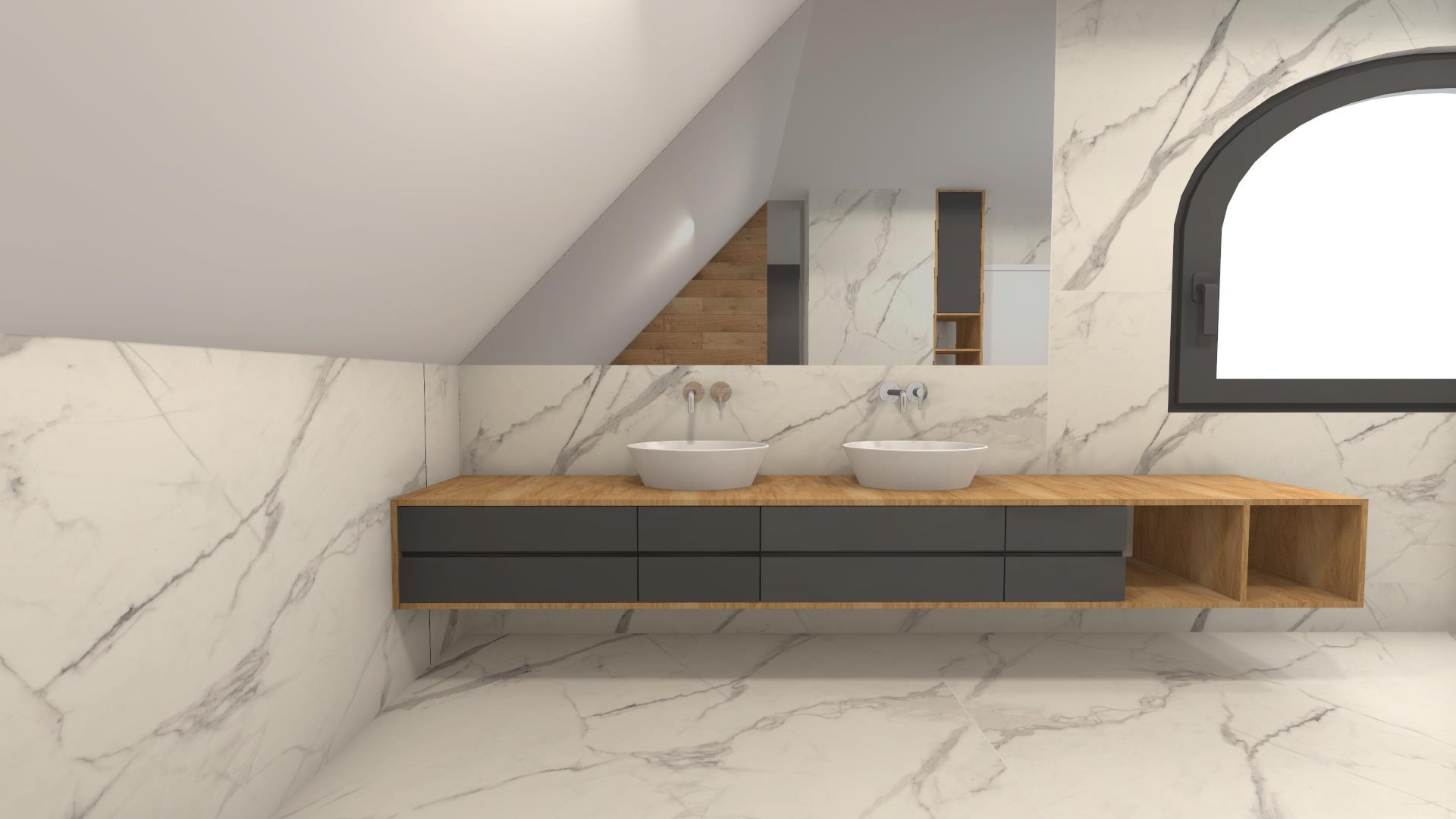 Wizualizacja łazienki na poddaszu z marmurowymi płytkami, dwiema owalnymi umywalkami nablatowymi, drewnianym blatem i szafkami w kolorze grafitowym oraz oknem w kształcie łuku.