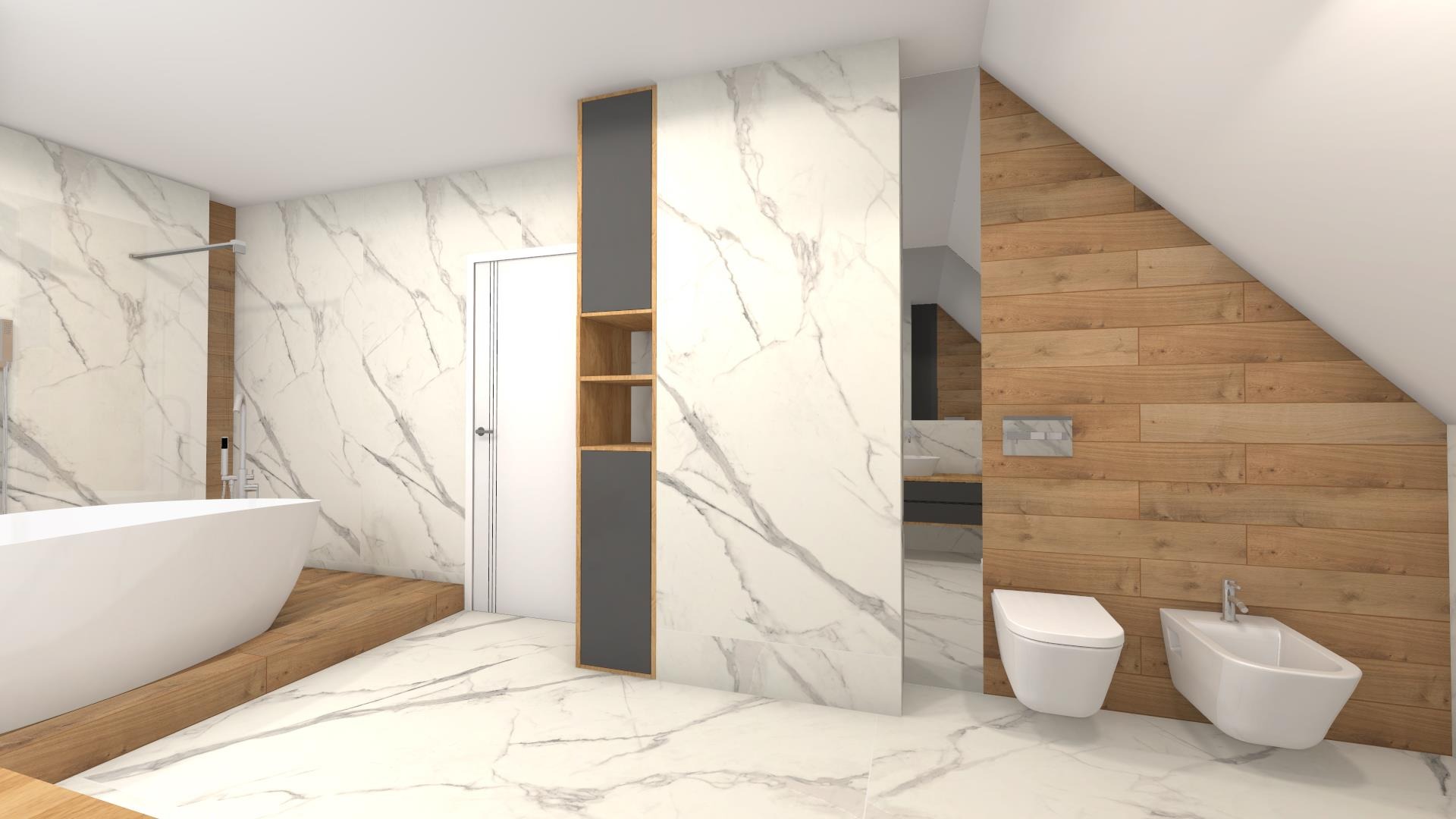 Wizualizacja łazienki na poddaszu z drewnianą ścianą, marmurowymi płytkami, białą wanną wolnostojącą, toaletą i bidetem w minimalistycznym stylu.