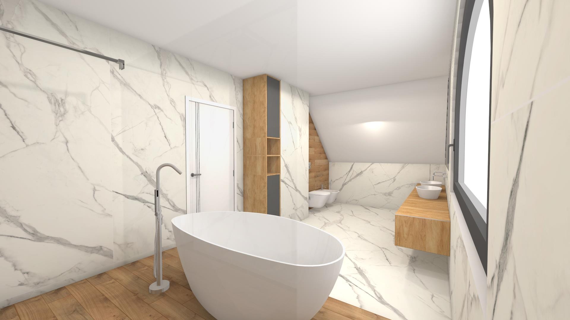 Wizualizacja łazienki z wolnostojącą białą wanną, marmurowymi płytkami na ścianach i podłodze, drewnianą szafką z umywalkami oraz wysokim regałem z drewnianymi i szarymi półkami.