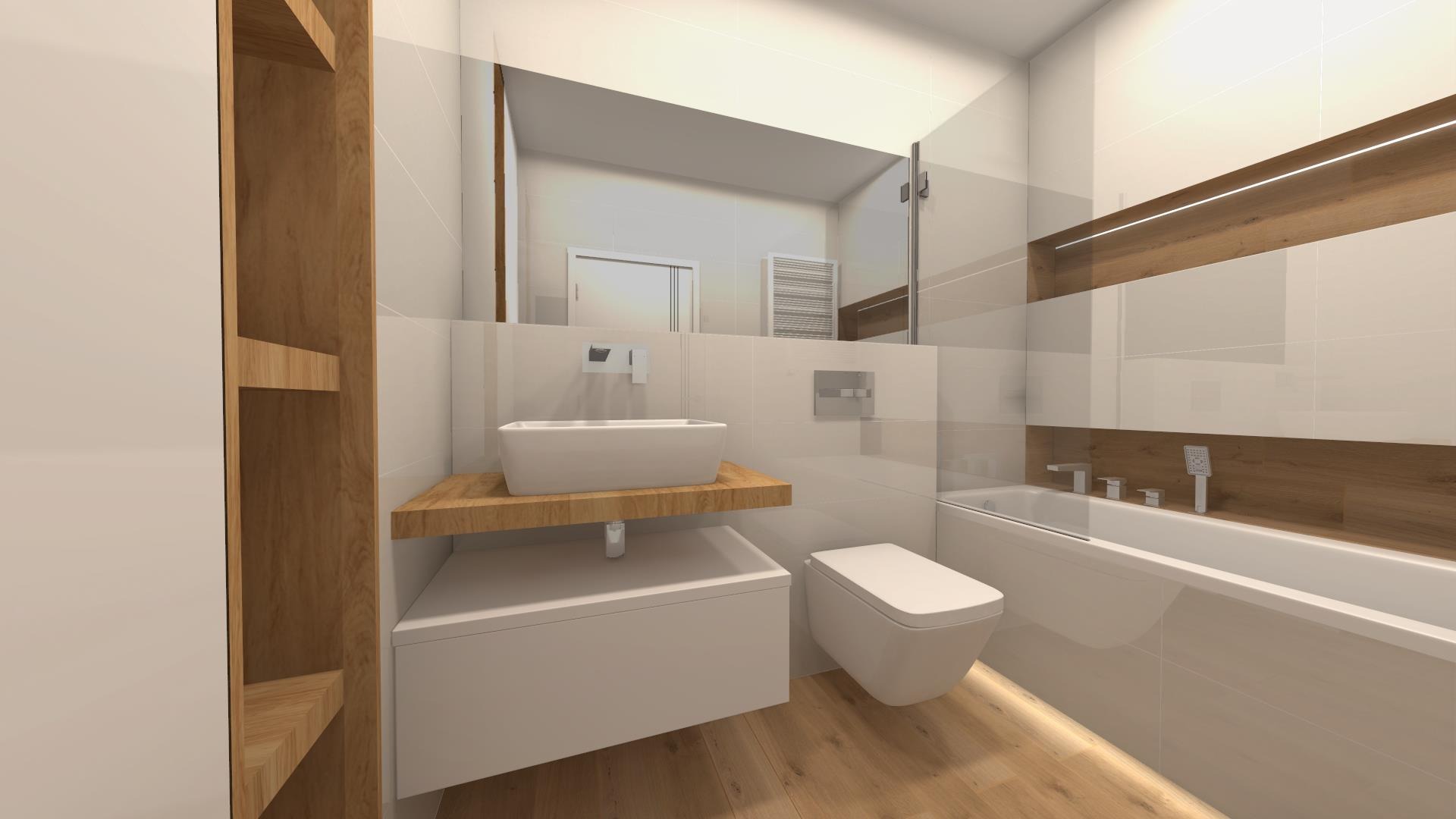 Wizualizacja nowoczesnej łazienki z drewnianymi akcentami, obejmująca umywalkę nablatową na drewnianym blacie, wiszącą toaletę i wannę z parawanem nawannowym, oświetloną listwą LED przy podłodze.