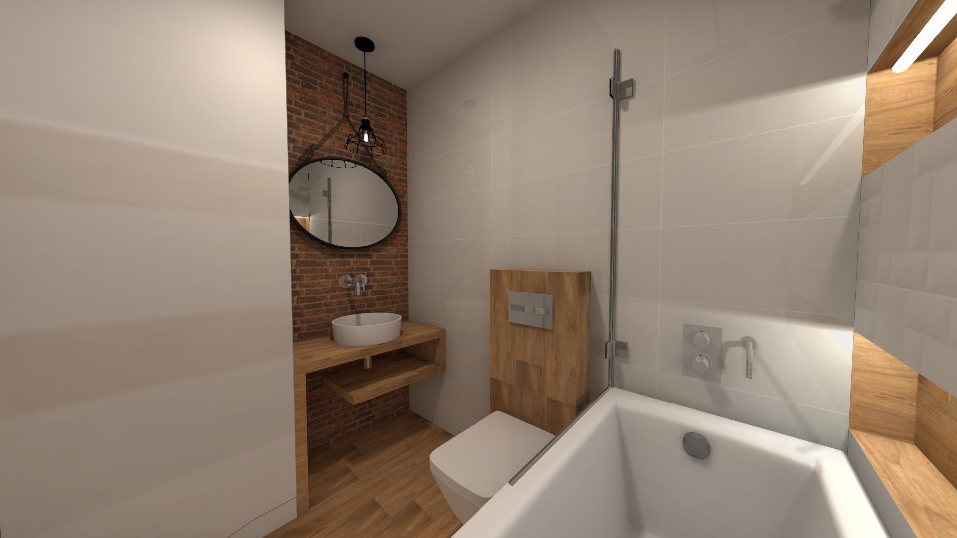 Wizualizacja nowoczesnej łazienki z umywalką nablatową na drewnianym blacie, okrągłym lustrem w czarnej ramie, toaletą z drewnianą obudową spłuczki i białą wanną z chromowaną armaturą, na tle...