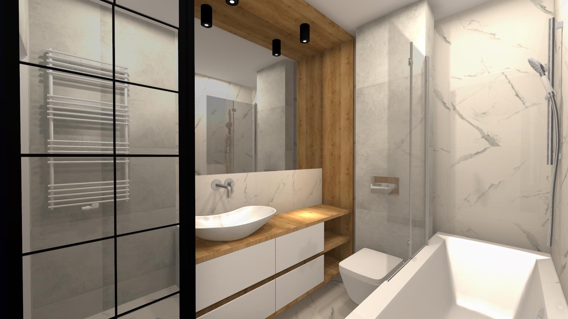 Wizualizacja nowoczesnej łazienki z umywalką nablatową na drewnianym blacie, białą szafką pod umywalką, grzejnikiem drabinkowym za szklaną ścianką i wanną z prysznicem w tle, wykończonej...