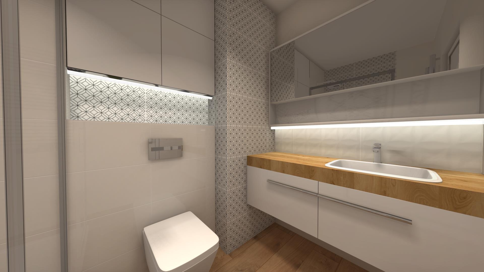 Wizualizacja nowoczesnej łazienki z drewnianym blatem, białą umywalką, podświetlanym lustrem i toaletą w zabudowie, akcentowana geometrycznym wzorem na ścianie.