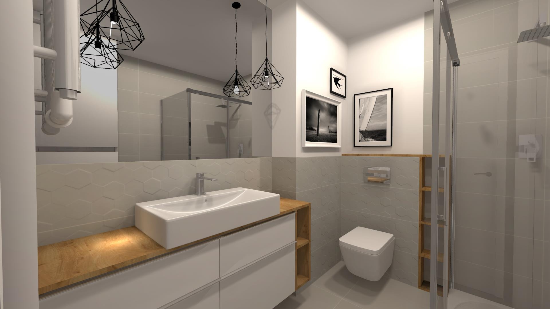 Wizualizacja nowoczesnej łazienki z białą, prostokątną umywalką nablatową na drewnianym blacie, geometrycznymi lampami wiszącymi i kabiną prysznicową ze szklanymi drzwiami.
