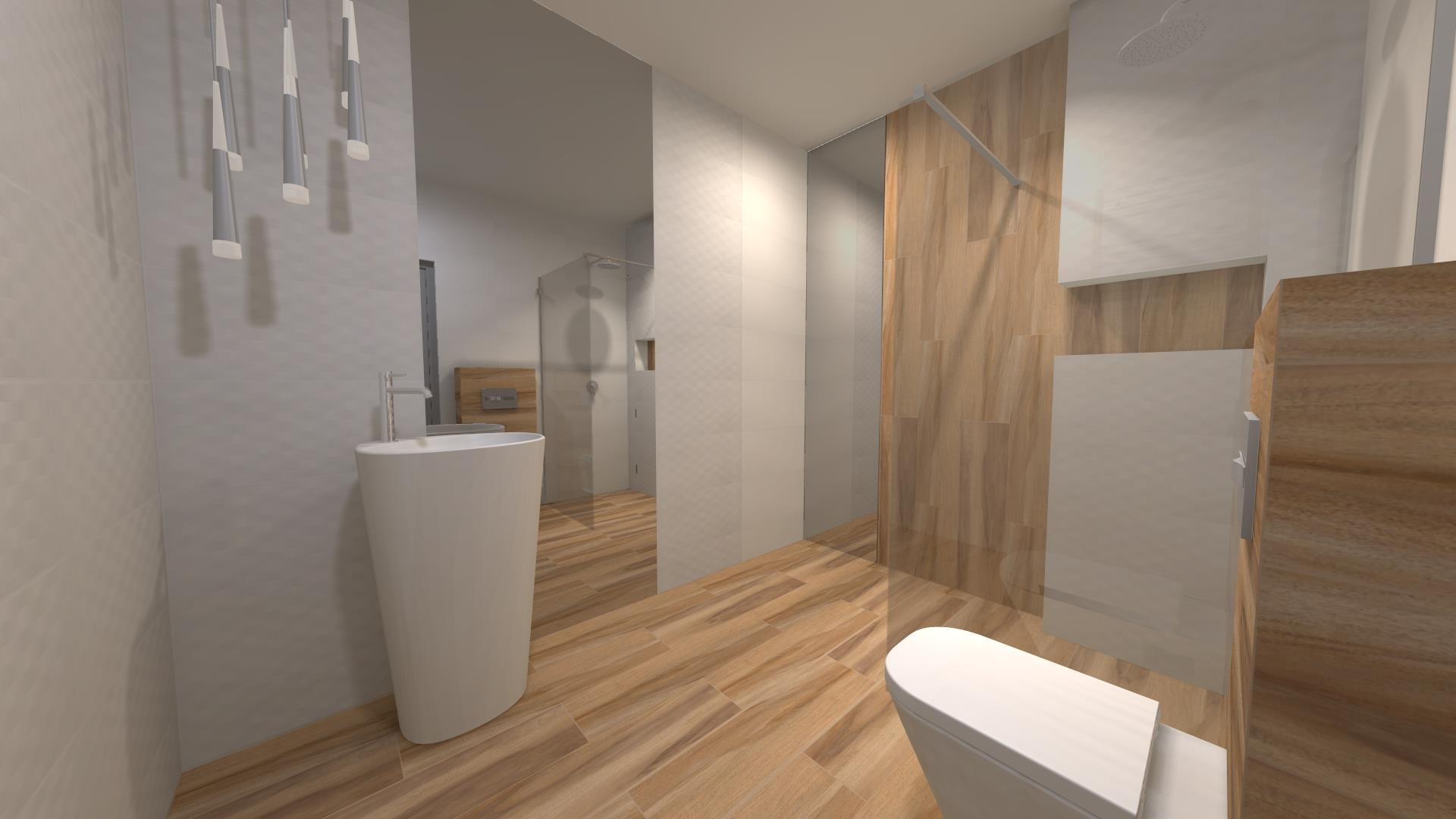 Wizualizacja nowoczesnej łazienki z drewnopodobną podłogą, białą umywalką wolnostojącą, kabiną prysznicową typu walk-in oraz wiszącymi lampami tubowymi.