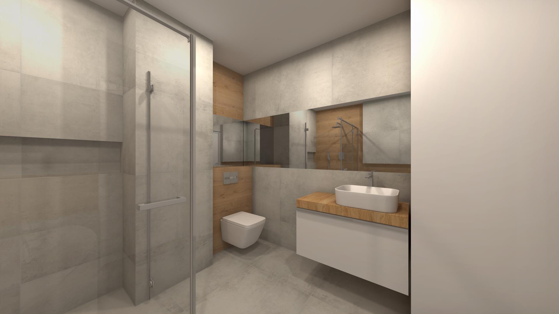 Wizualizacja łazienki z kabiną prysznicową ze szklanymi drzwiami, podwieszaną toaletą, umywalką nablatową na drewnianym blacie i dużym lustrem.
