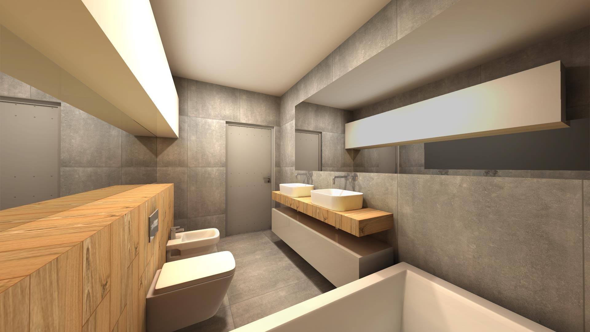 Wizualizacja nowoczesnej łazienki z szarymi płytkami, drewnianym blatem pod umywalkami i podświetlanym sufitem.