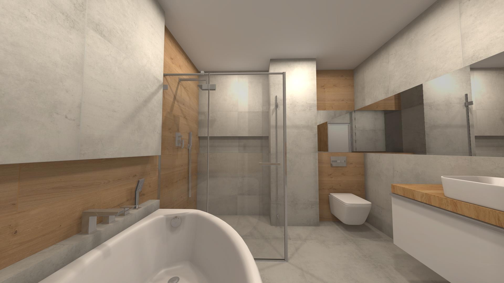 Wizualizacja łazienki z wanną, kabiną prysznicową typu walk-in, wiszącą toaletą i umywalką nablatową, wykończona płytkami imitującymi beton i drewno.